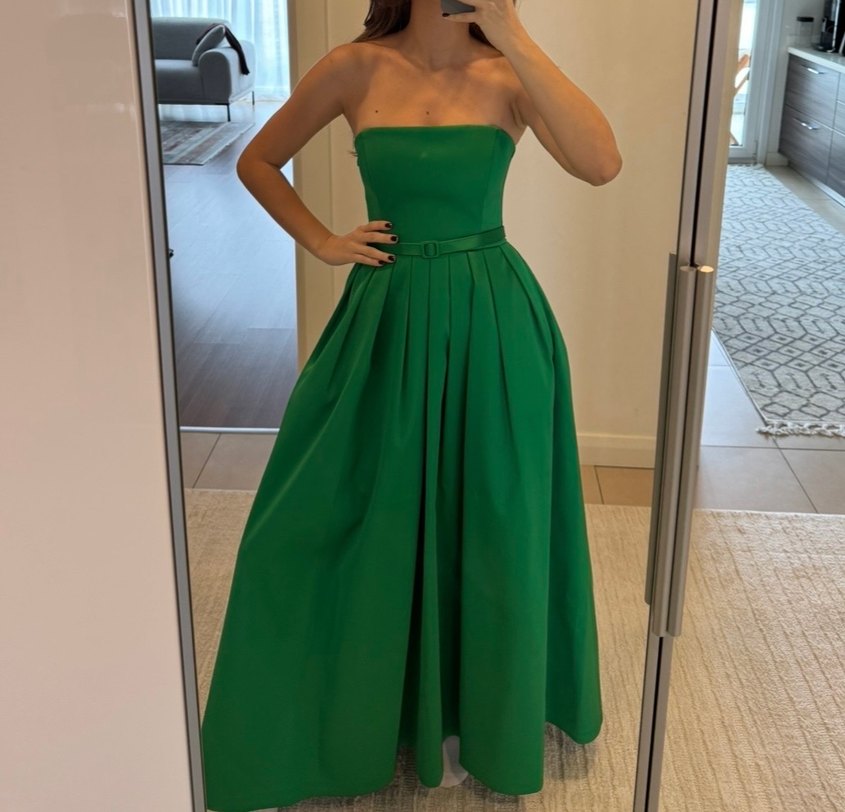 Adil Işık Yeşil Drapeli Straplez Saten Uzun Abiye Elbise - Görsel 5