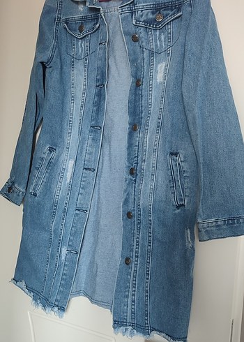 Diğer Düğmeli Uzun Mavi Denim Ceket
