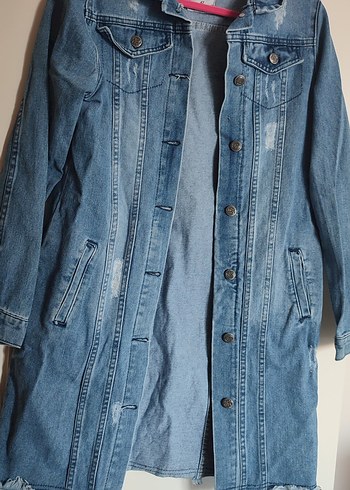 Düğmeli Uzun Mavi Denim Ceket