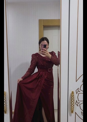 Diğer Bordo Uzun Kollu Drapeli Abiye Elbise