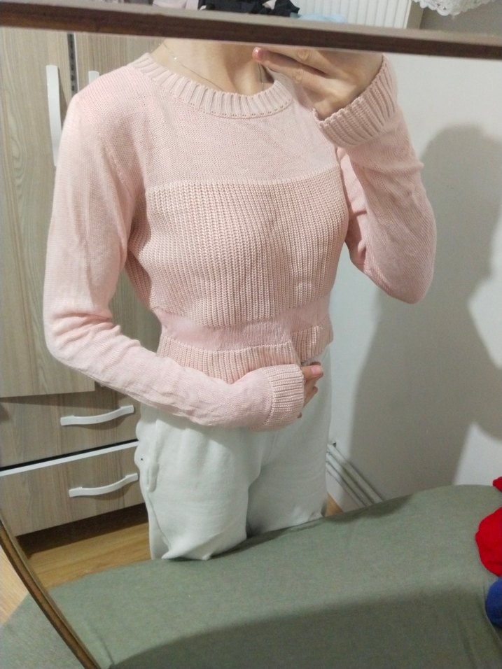 Pembe Fitilli Triko Kadın Kazak - Görsel 2