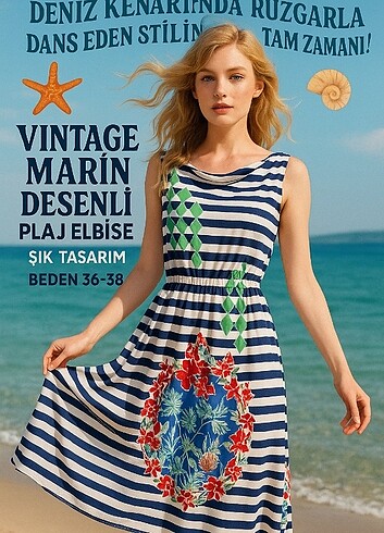 ????VINTAGE MARİN DESENLİ YAZLIK ELBİSE????