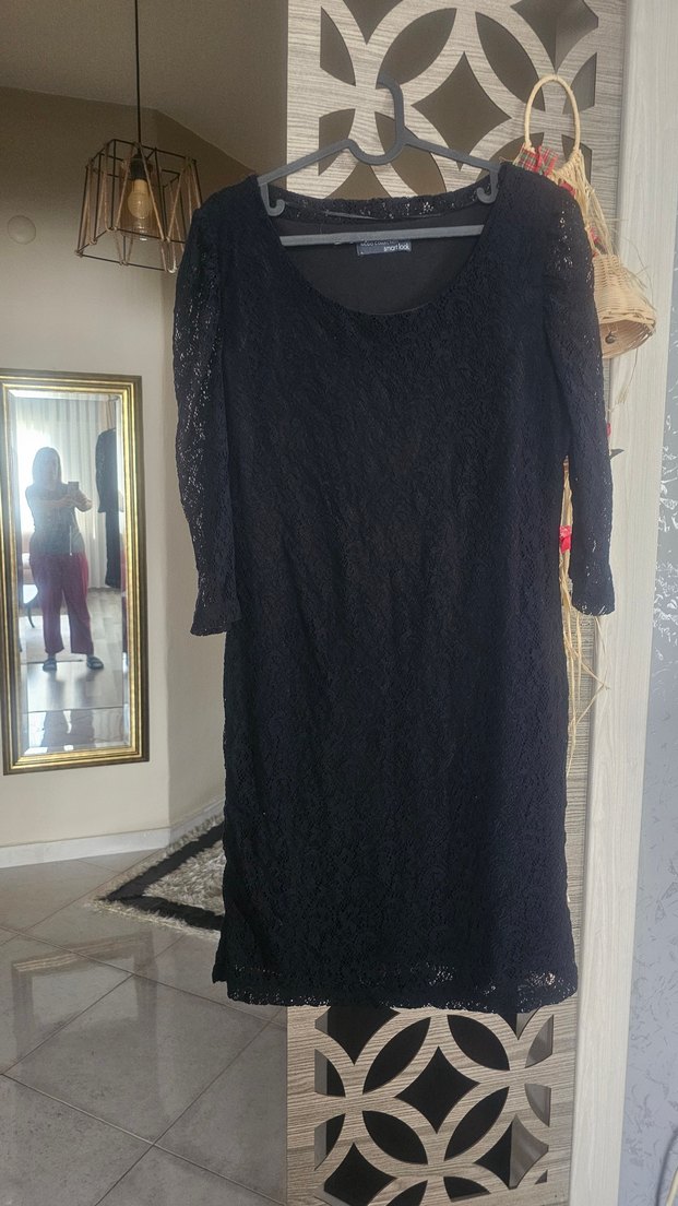 Siyah Dantel Uzun Kollu Midi Elbise - Görsel 2