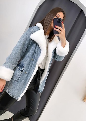 diğer Beden Tüylü Yakalı Mavi Denim Ceket