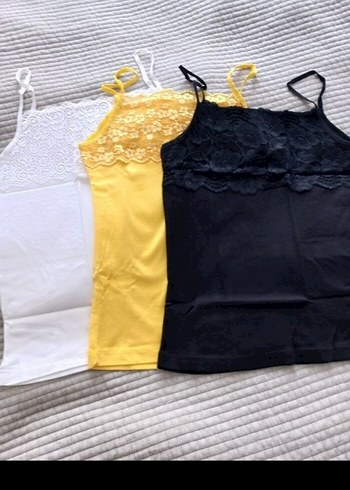 Dantelli Sarı Mini İnce Askılı Kadın Atlet 3 adet birlikte