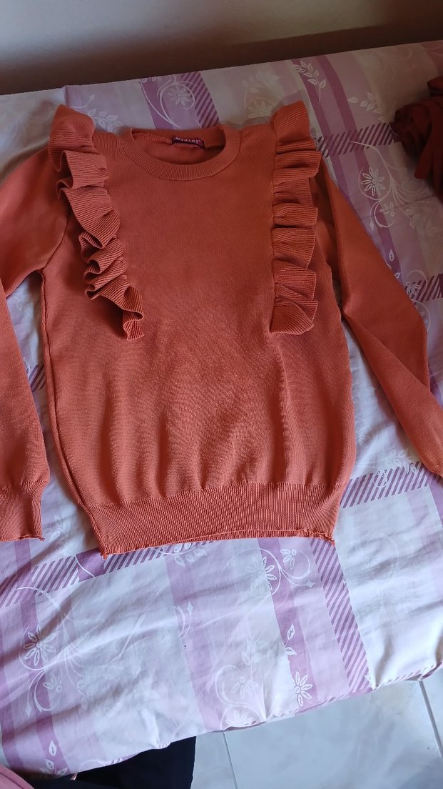 Kadın koyu turuncu Fırfırlı Triko Kazak - Görsel 2