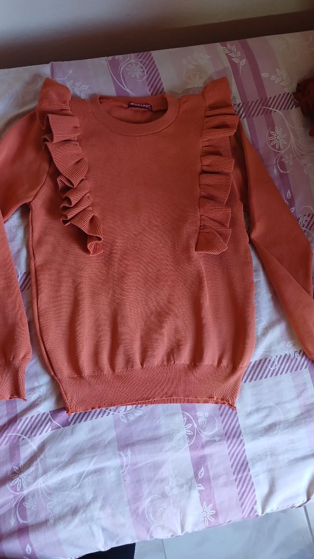 Kadın koyu turuncu Fırfırlı Triko Kazak - Görsel 3