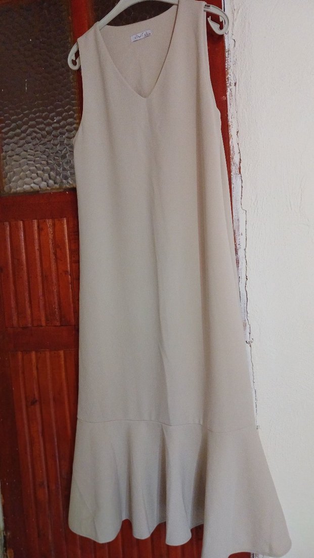 Bej Bohem V-Yaka Uzun Kadın Elbise - Görsel 2