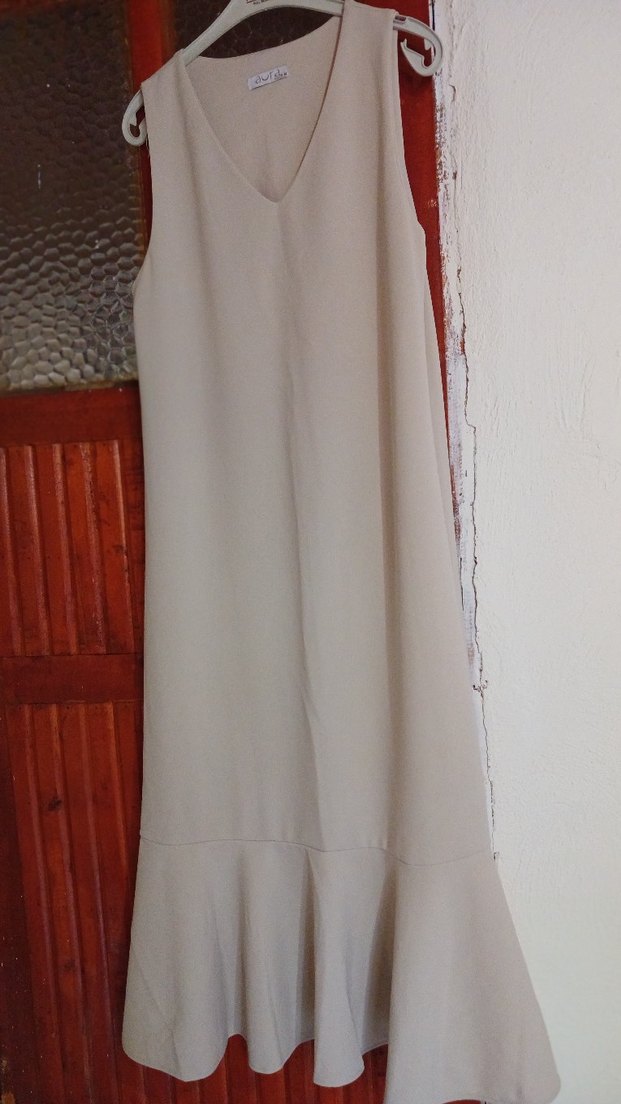 Bej Bohem V-Yaka Uzun Kadın Elbise - Görsel 4