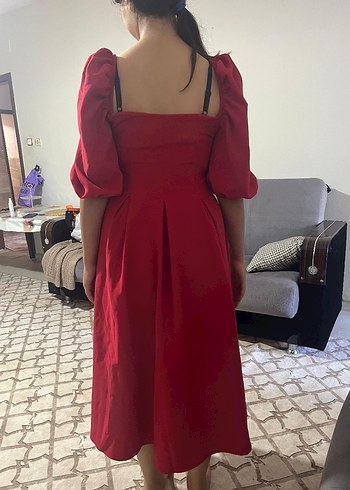 Kırmızı Midi Drapeli Kadın Elbise - Görsel 8