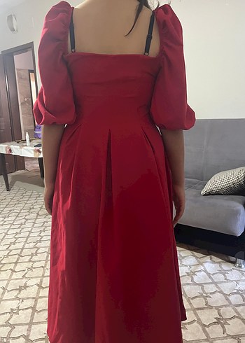 Kırmızı Midi Drapeli Kadın Elbise - Görsel 7