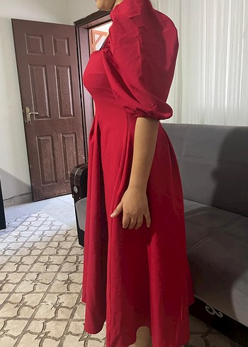 Kırmızı Midi Drapeli Kadın Elbise - Görsel 9