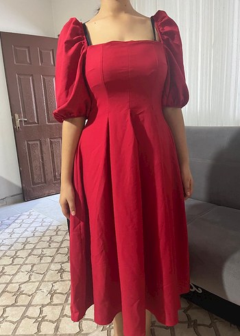 Kırmızı Midi Drapeli Kadın Elbise - Görsel 5