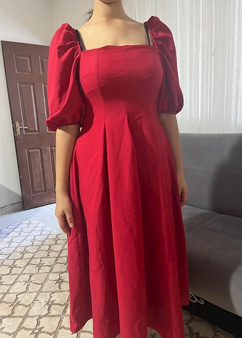 Kırmızı Midi Drapeli Kadın Elbise - Görsel 6