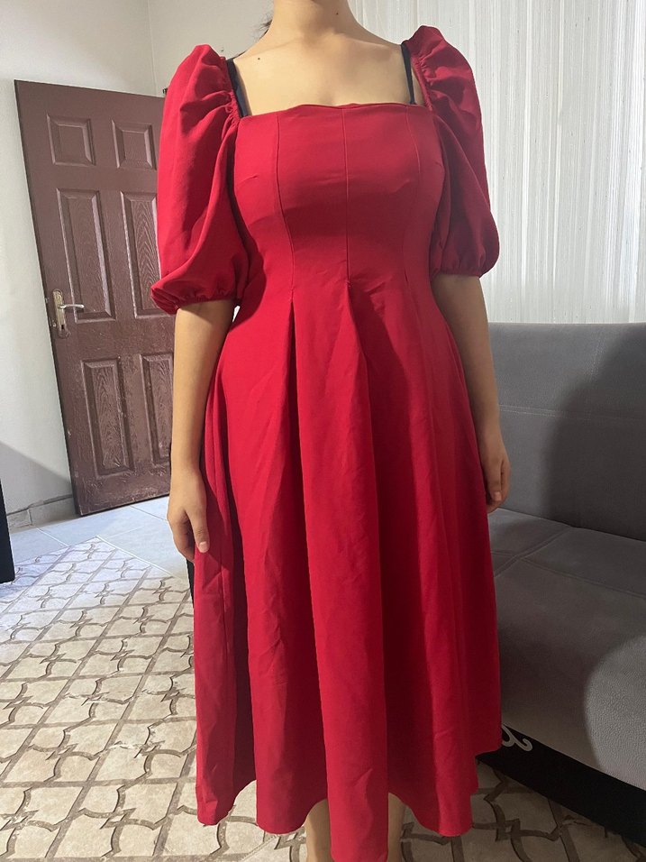 Kırmızı Midi Drapeli Kadın Elbise - Görsel 5