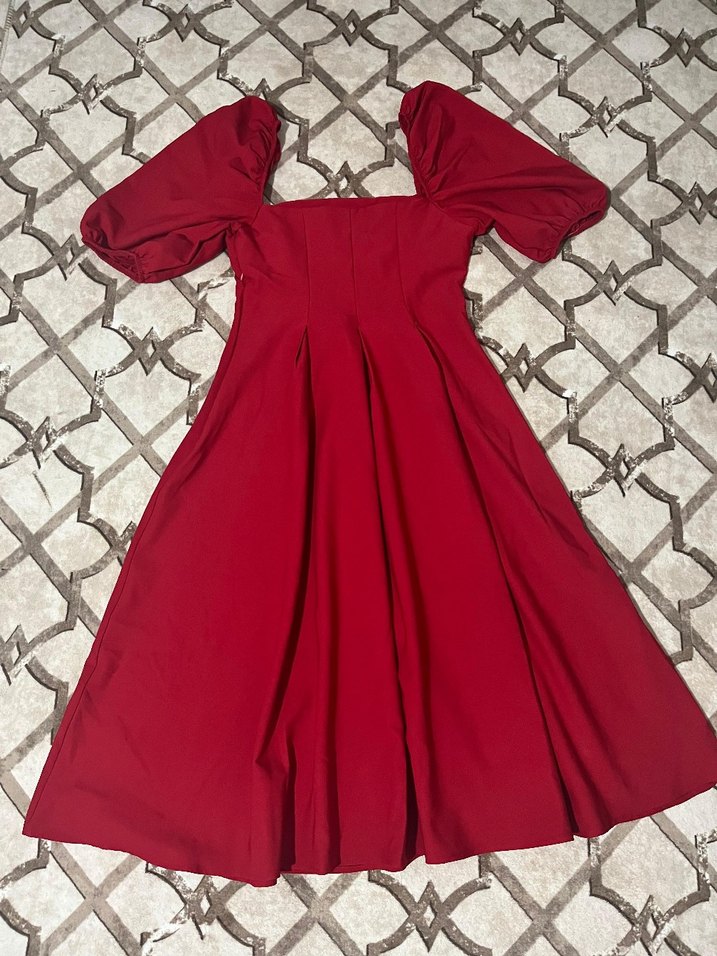 Kırmızı Midi Drapeli Kadın Elbise - Görsel 4