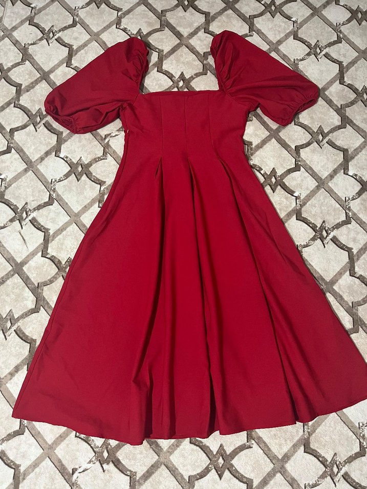 Kırmızı Midi Drapeli Kadın Elbise - Görsel 2