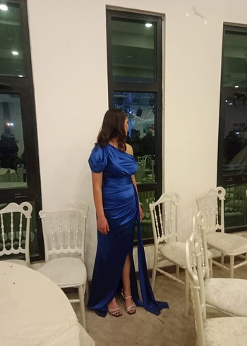 Parlak Lacivert Drapeli Uzun Abiye Elbise - Görsel 2