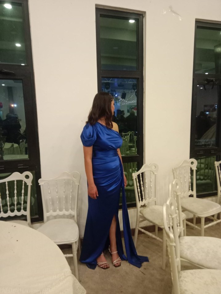 Parlak Lacivert Drapeli Uzun Abiye Elbise - Görsel 2