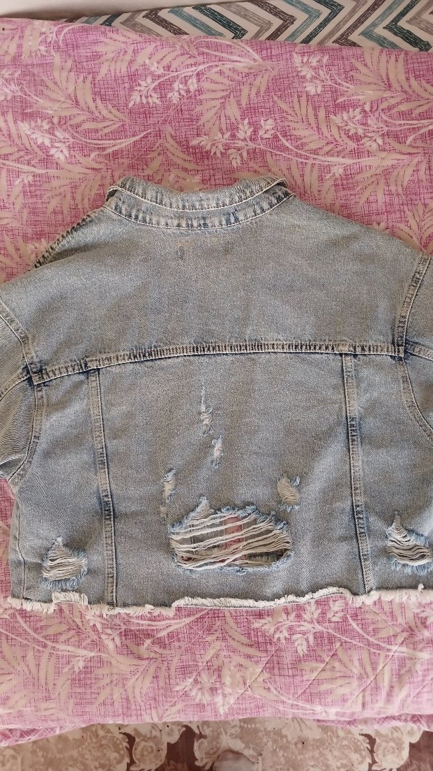 Düğmeli Kısa Mavi Kadın Denim Ceket - Görsel 3