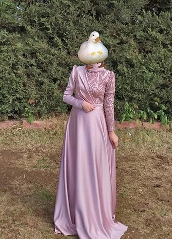 Pudra pembe simli abiye elbise