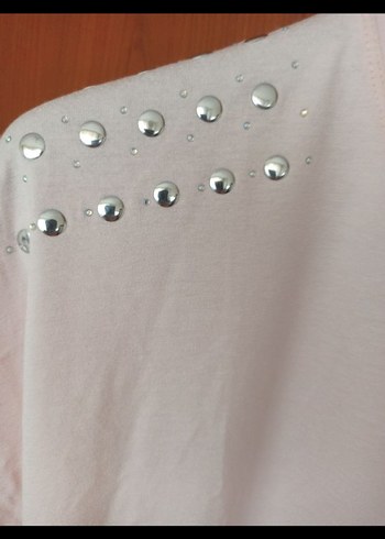 Diğer İnci Detaylı Pembe Kısa Kollu Tişört