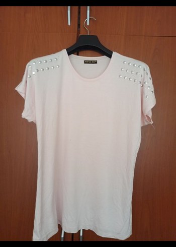 İnci Detaylı Pembe Kısa Kollu Tişört