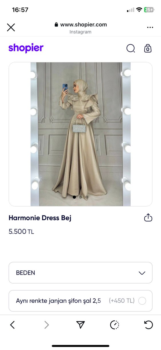 Bej Uzun Kollu Yüksek Yakalı Kadın Abiye - Görsel 3