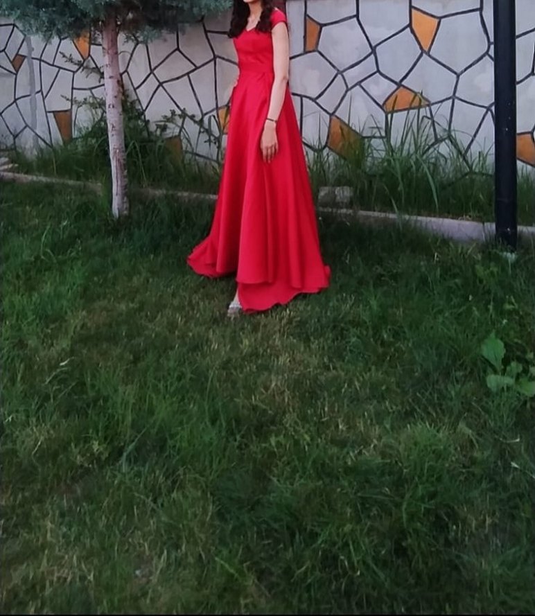 Bordo Uzun Drapeli Kadın Abiye Elbise - Görsel 3