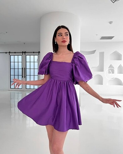 Diğer Balon kol kurdele detaylı saten elbise
