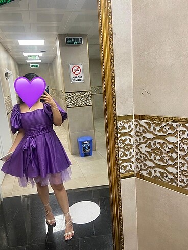 Balon kol kurdele detaylı saten elbise
