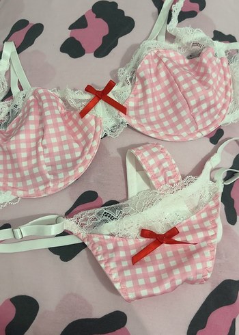 Pembe dantelli kareli sütyen takım - Görsel 2