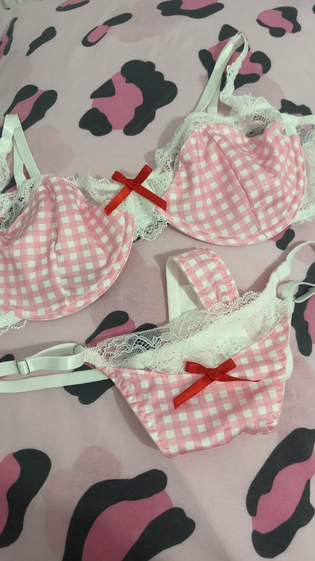 Pembe dantelli kareli sütyen takım - Görsel 2