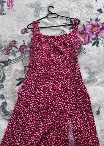 Bordo Desenli Midi Askılı Günlük Elbise