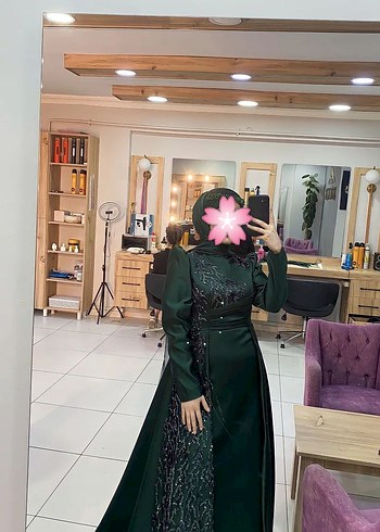 Koyu Yeşil Uzun Kollu Yüksek Yakalı Uzun Abiye