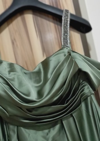 Kadın Haki Uzun Drapeli Abiye Elbise - Görsel 8