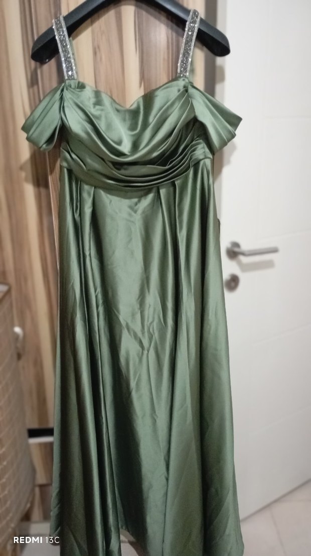 Kadın Haki Uzun Drapeli Abiye Elbise - Görsel 4