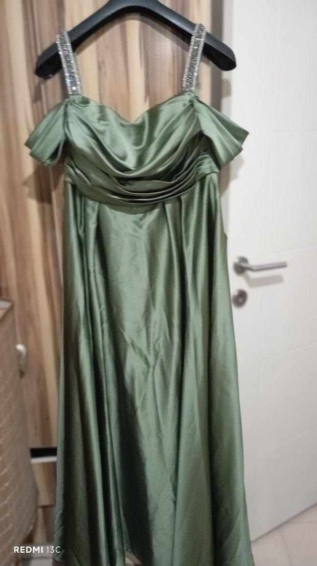 Kadın Haki Uzun Drapeli Abiye Elbise - Görsel 3