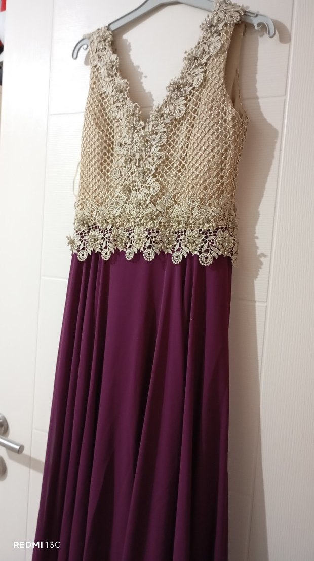 Bordo Dantelli Uzun Abiye Elbise - Görsel 2