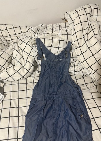 s Beden Düğmeli Mavi Kadın Denim Kısa Tulum salopet