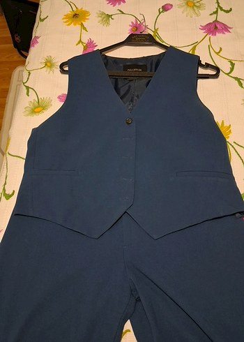 Lacivert V Yakalı Denim Kadın pantolon ve yelek takım - Görsel 10