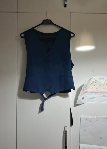 Lacivert V Yakalı Denim Kadın pantolon ve yelek takım - Görsel 8