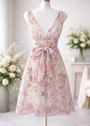 Zarif Silüet V Yaka Çiçekli Midi Boy Elbise - Görsel 2