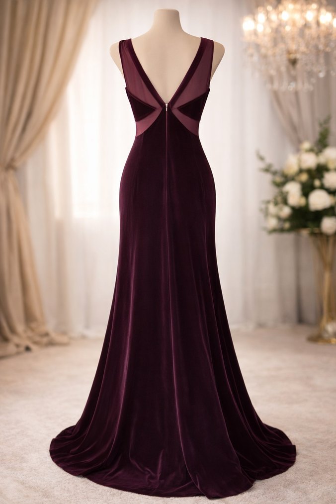 VİOL Mor Kadife Uzun Elbise - Görsel 2