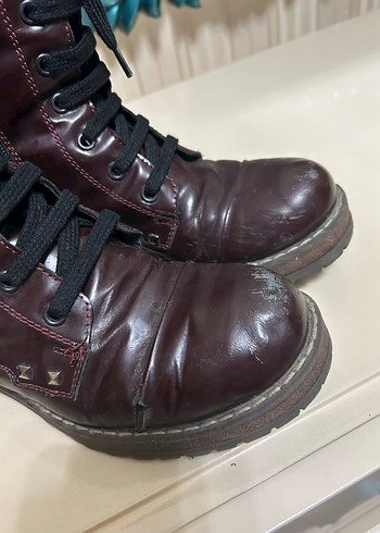 Koyu Bordo Deri Kadın Punk Botları - Görsel 2