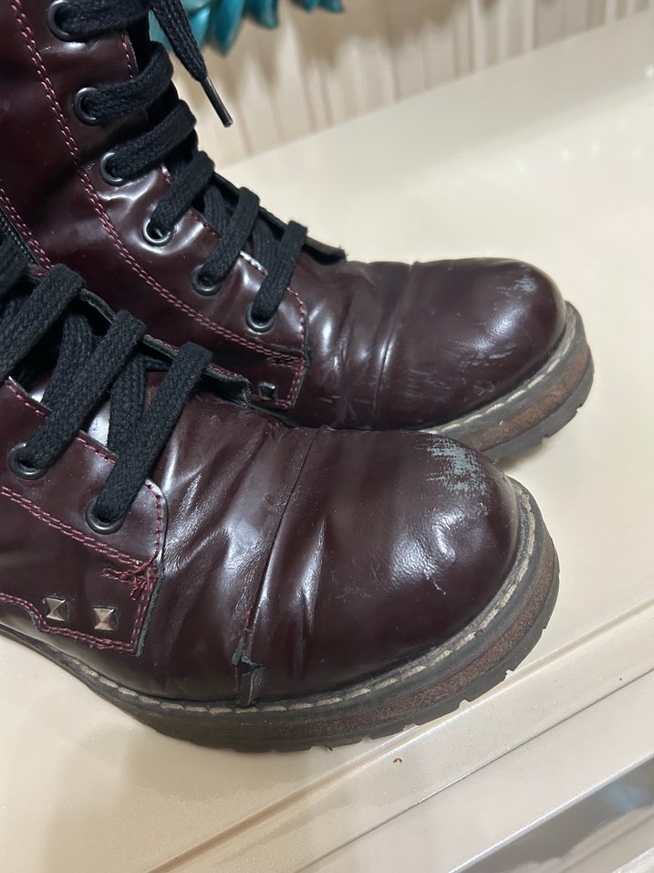 Koyu Bordo Deri Kadın Punk Botları - Görsel 2