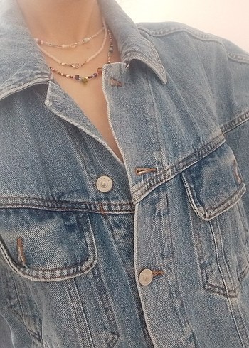 l Beden Mavi Düğmeli Oversize Kot Ceket