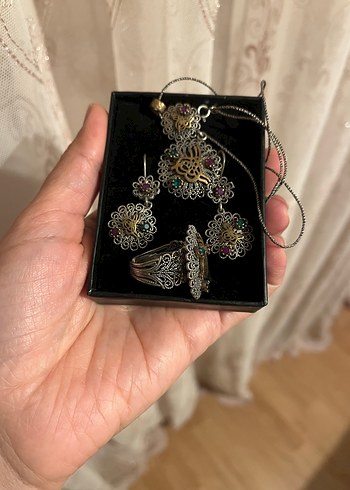 22 gram Gümüş (telkari) takı seti (kolye küpe yüzük) - Görsel 2