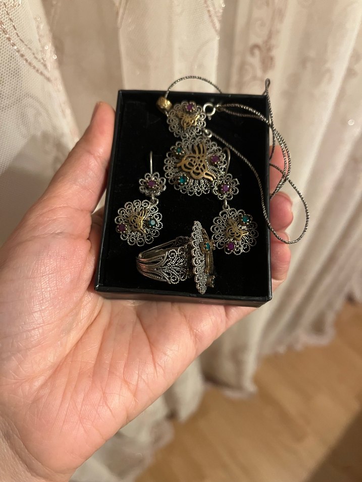 22 gram Gümüş (telkari) takı seti (kolye küpe yüzük) - Görsel 2