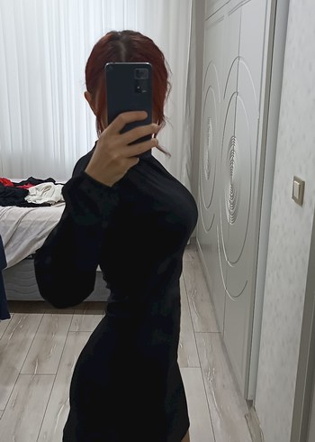 Diğer Siyah bisiklet yaka mini saten elbise